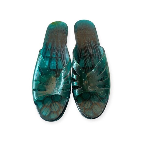 Vintage 60s Jelly Slide Sandals – Size 7, Green Plastic Wedge Heels made in USA - Picture 1 of 15